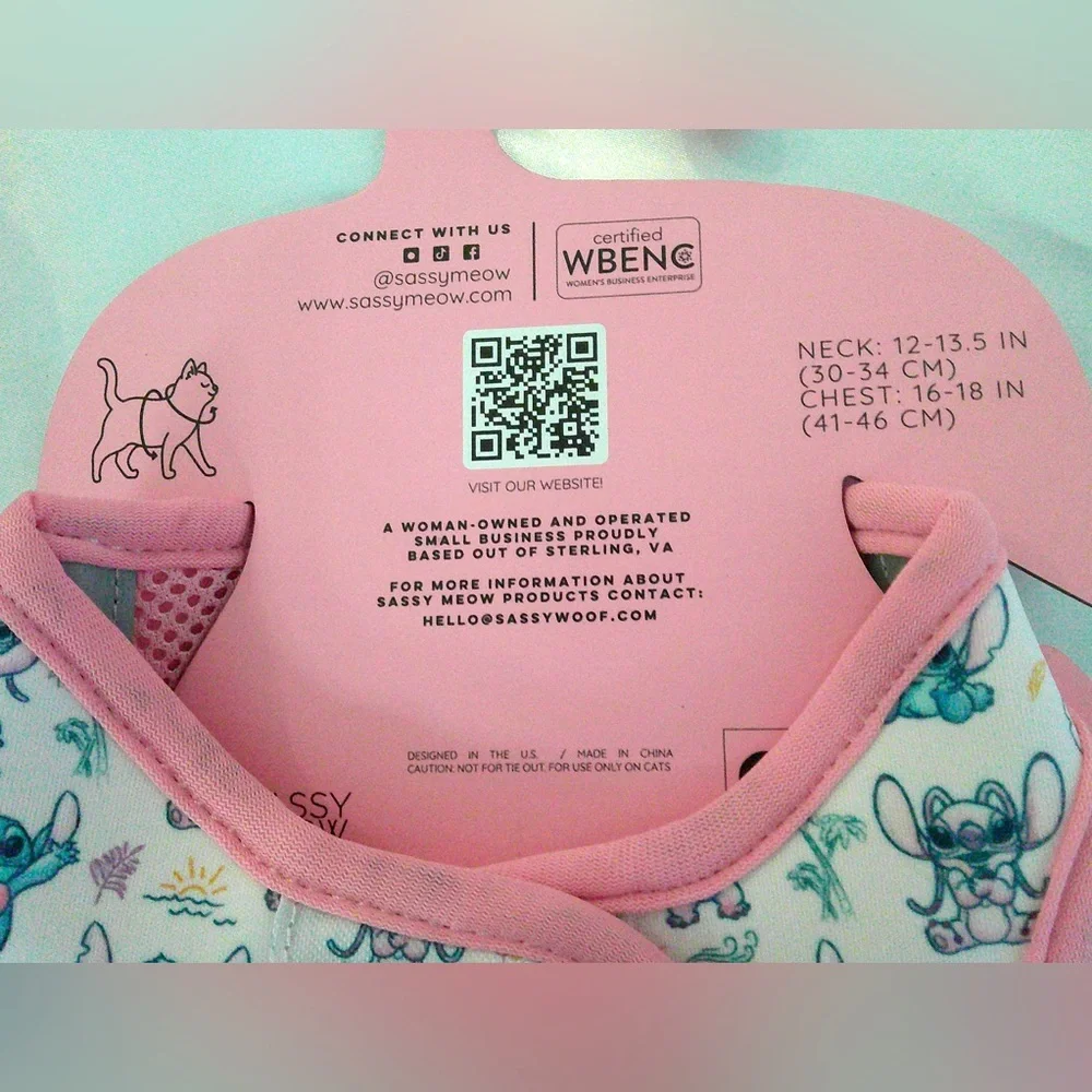 Disney Sassy Meow Pink “Stitch” Step In Harness (M), Collar w/Matching Leash 6ft